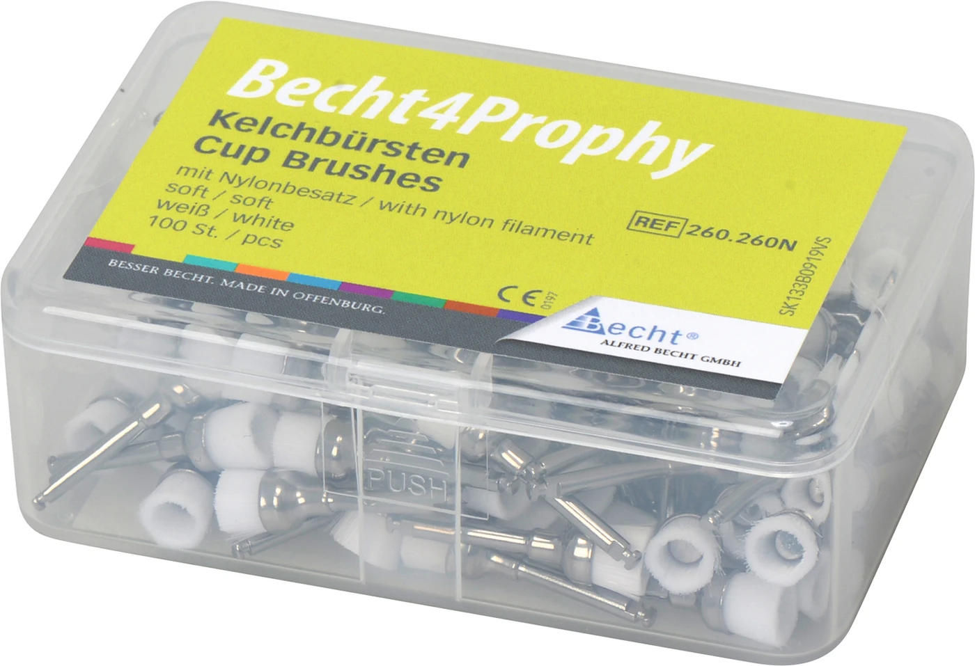 Becht4 Prophy Kelchbürsten Box 100 Stück weiß soft, mit Nylonbesatz, RA Becht4 Prophy Kelchbürsten Box 100 Stück weiß soft, mit Nylonbesatz, RA