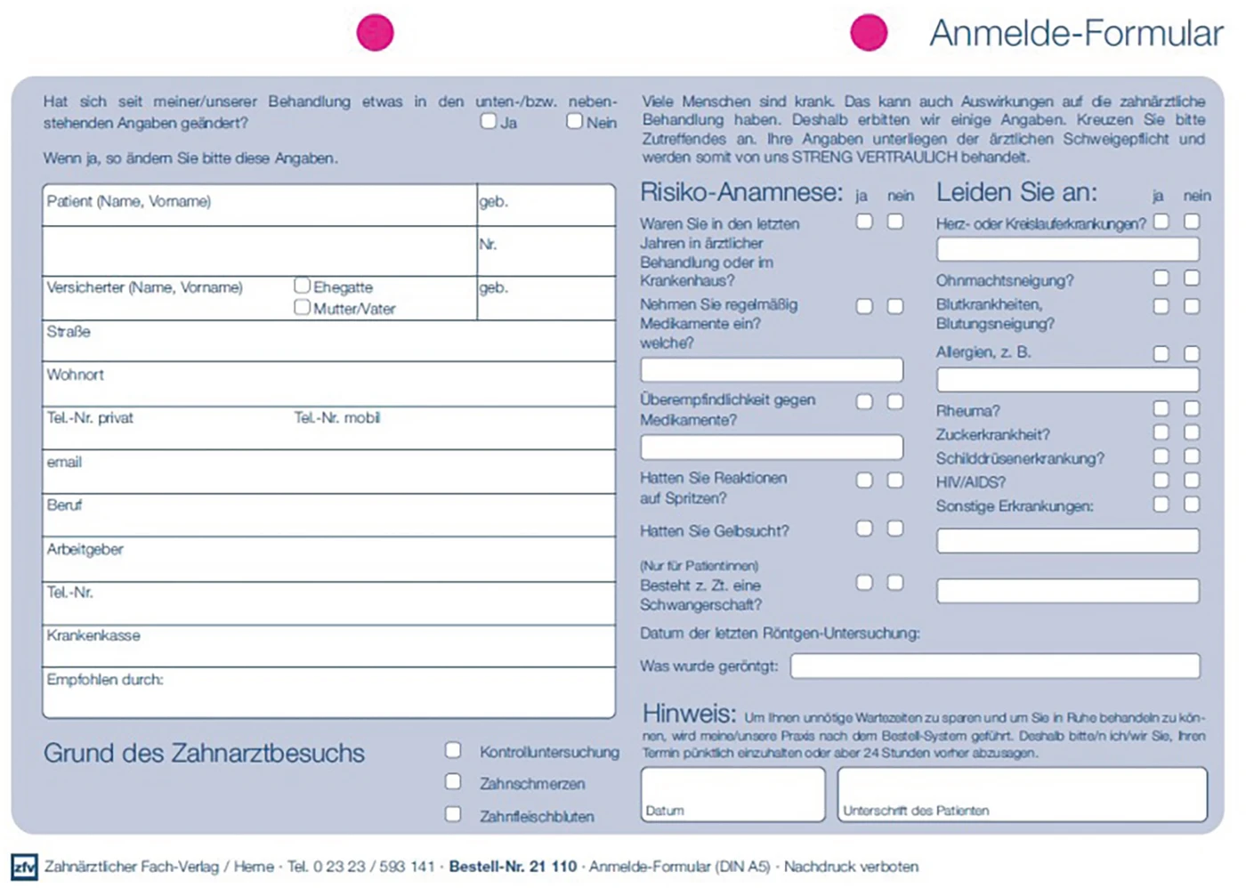Anmelde-Formular Packung 100 Stück