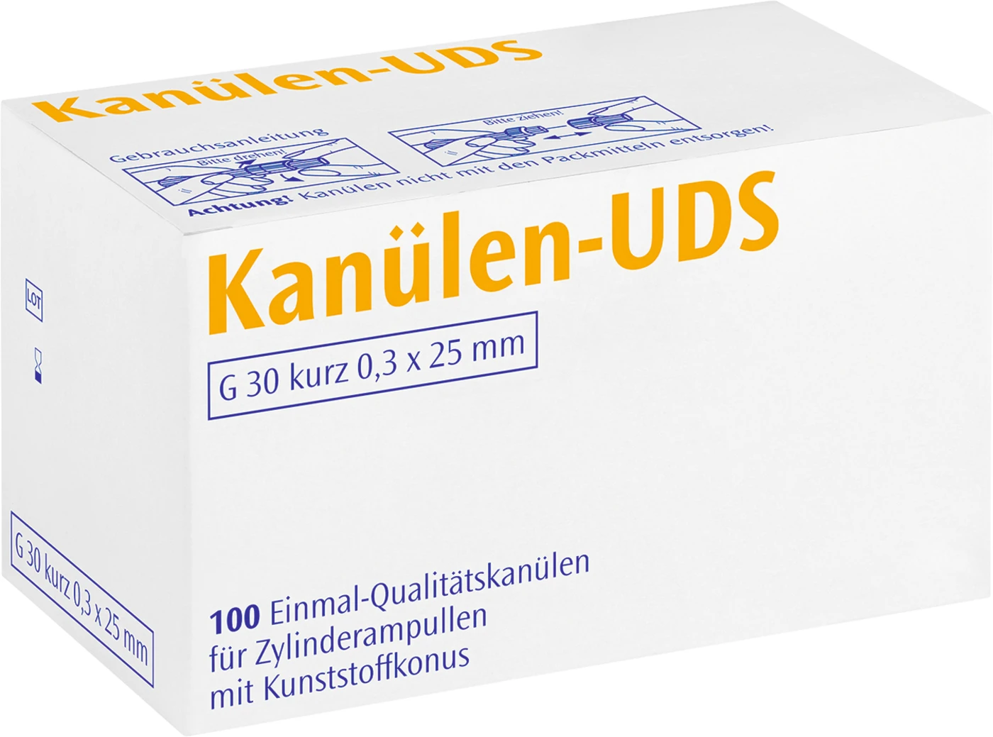 UDS Kanülen Packung 100 Stück gelb G30 kurz, 0,3 x 25 mm, Kappe transparent