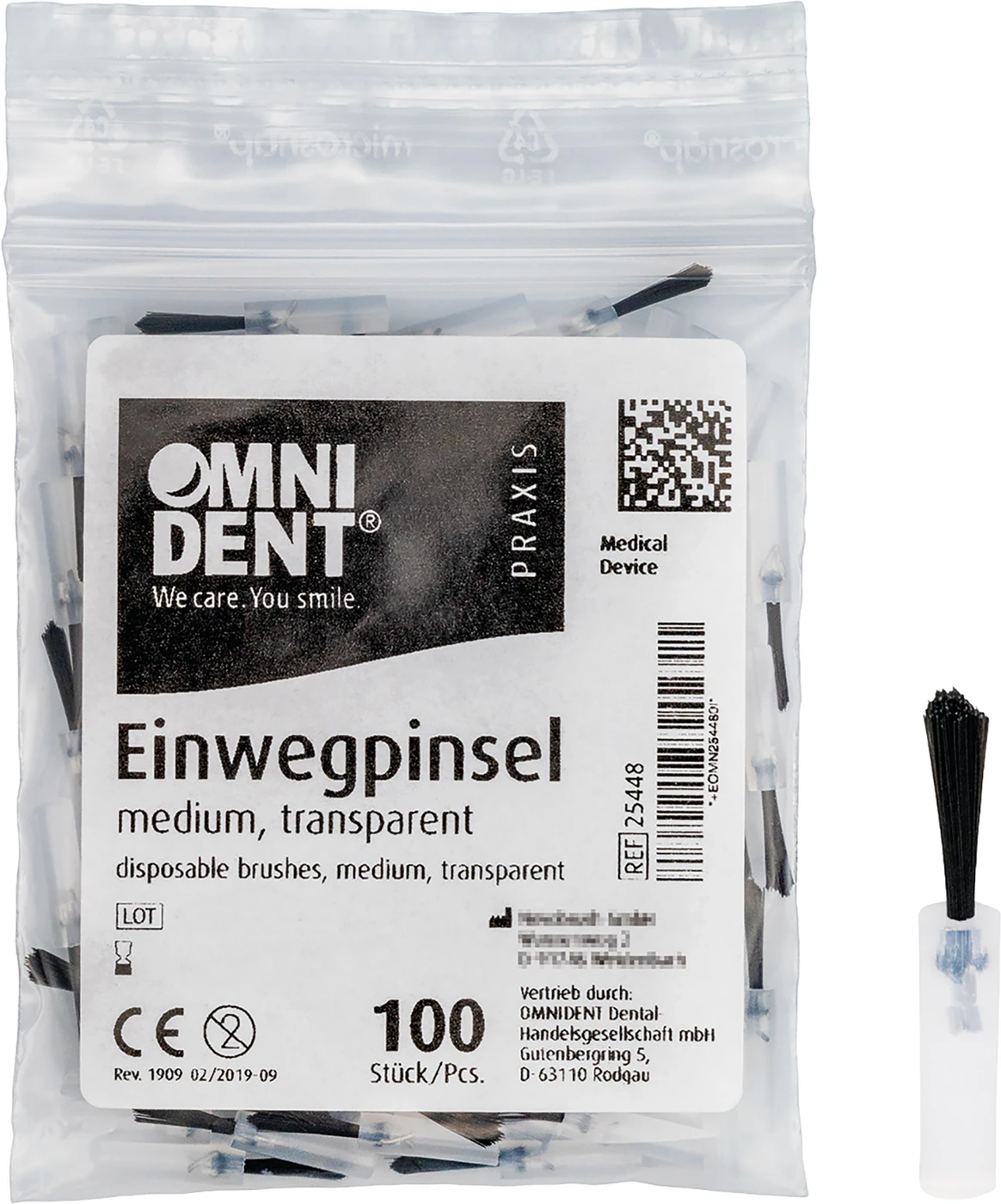 Einwegpinsel Packung 100 Stück transparent, Haar schwarz und lang, mittel