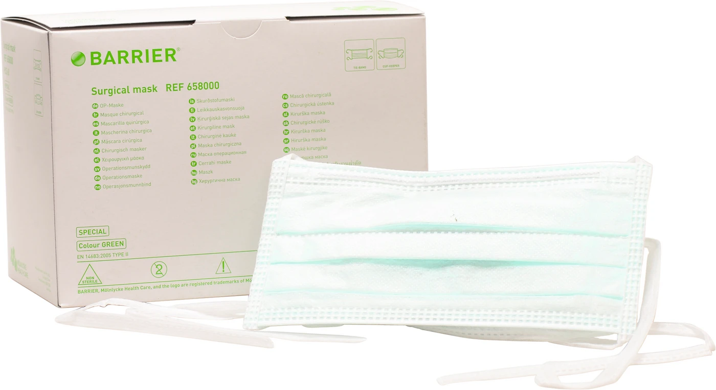 BARRIER® OP-Maske Special Packung 60 Stück grün, Bindebänder, mit Formhalter