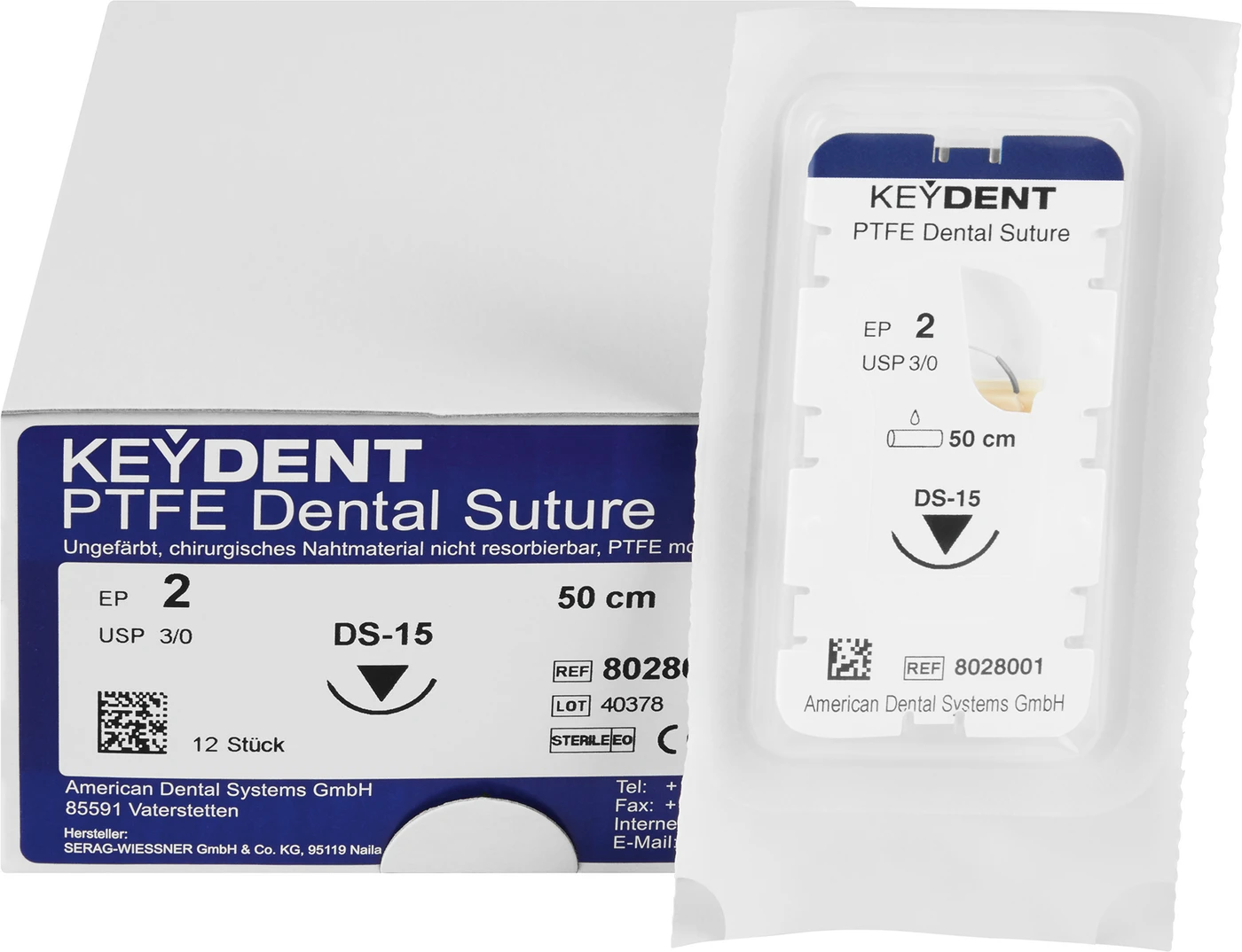 KEYDENT PTFE Packung 12 Stück Dental Suture EP 2 (USP 3-0), 50 cm, Nadel DS-15