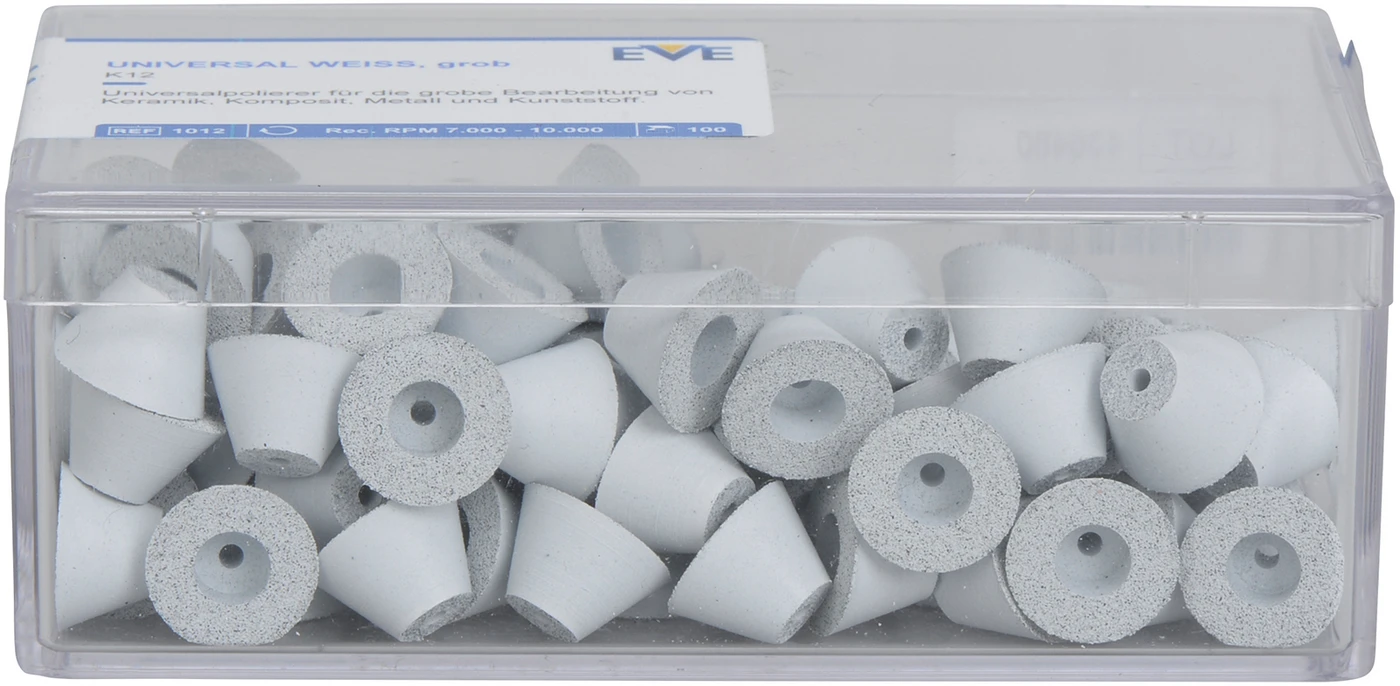 EVE UNIVERSAL Packung 100 Stück unmontiert, weiß grob, Figur umgekehrter Kegel, 12 x 7 mm EVE UNIVERSAL Packung 100 Stück unmontiert, weiß grob, Figur umgekehrter Kegel, 12 x 7 mm