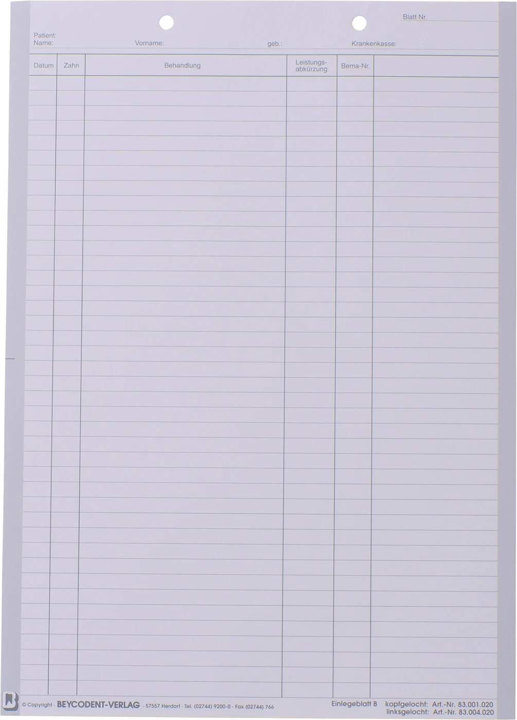 Einlegeblätter Packung 1.000 Stück B weiß, kopfgelocht