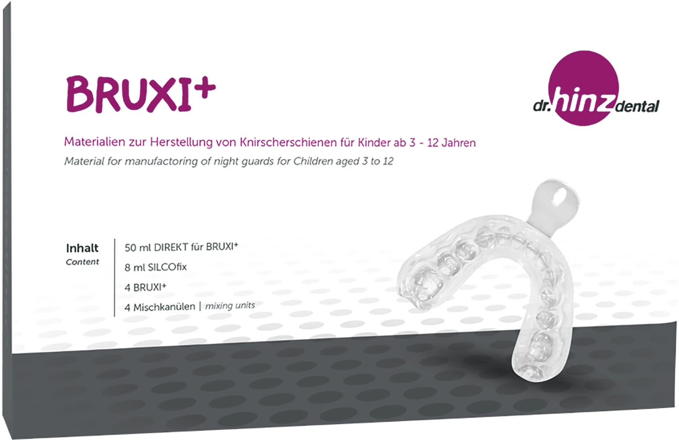 BRUXI+ Set 50 ml DIRECT Silikon, 8 ml SILCOfix, 4 Abformlöffel, 4 Mischkanüllen, 1 Gebrauchsanleitung