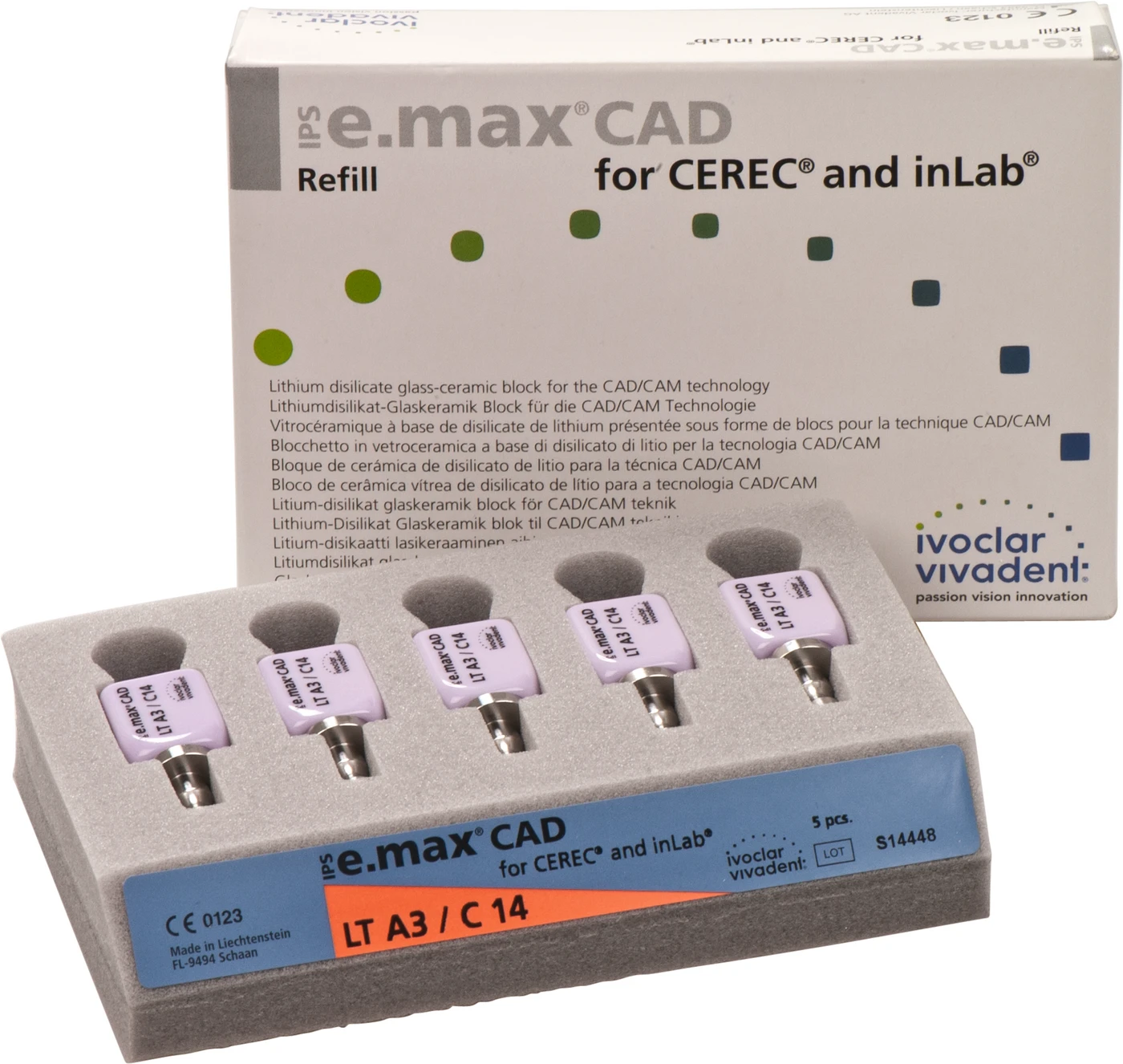 IPS e.max CAD for CEREC/inLab Packung 5 Stück Gr. C14, A3 LT