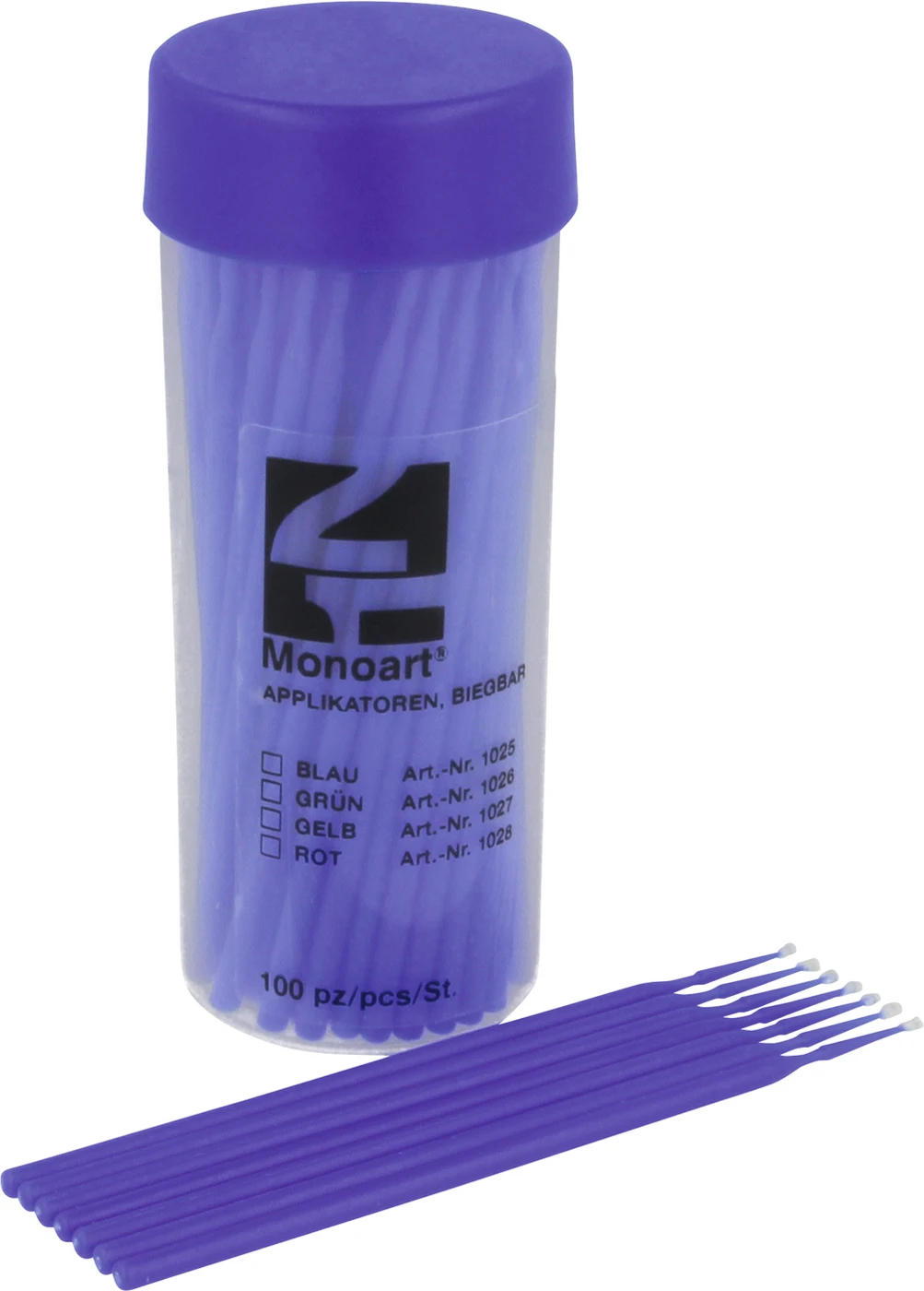 Monoart® Applikatoren biegbar Dose 100 Stück 8 cm, blau