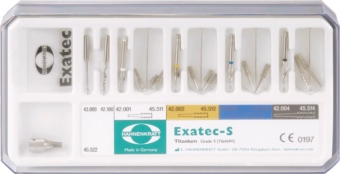 Exatec S Standard Set 1 Kanalerweiterer, 5 Bohrer, 10 Exatec-S Titan-Stifte, 1 Messschablone, 1 Einsetz-Tool 