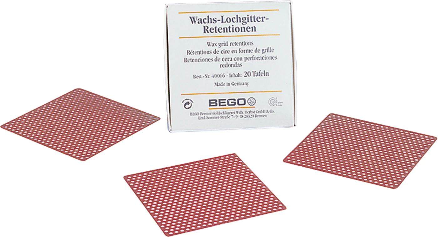 Wachs-Lochgitter-Retentionen Packung 20 Stück für partielle OK-Modellguss-Prothesen Wachs-Lochgitter-Retentionen Packung 20 Stück für partielle OK-Modellguss-Prothesen
