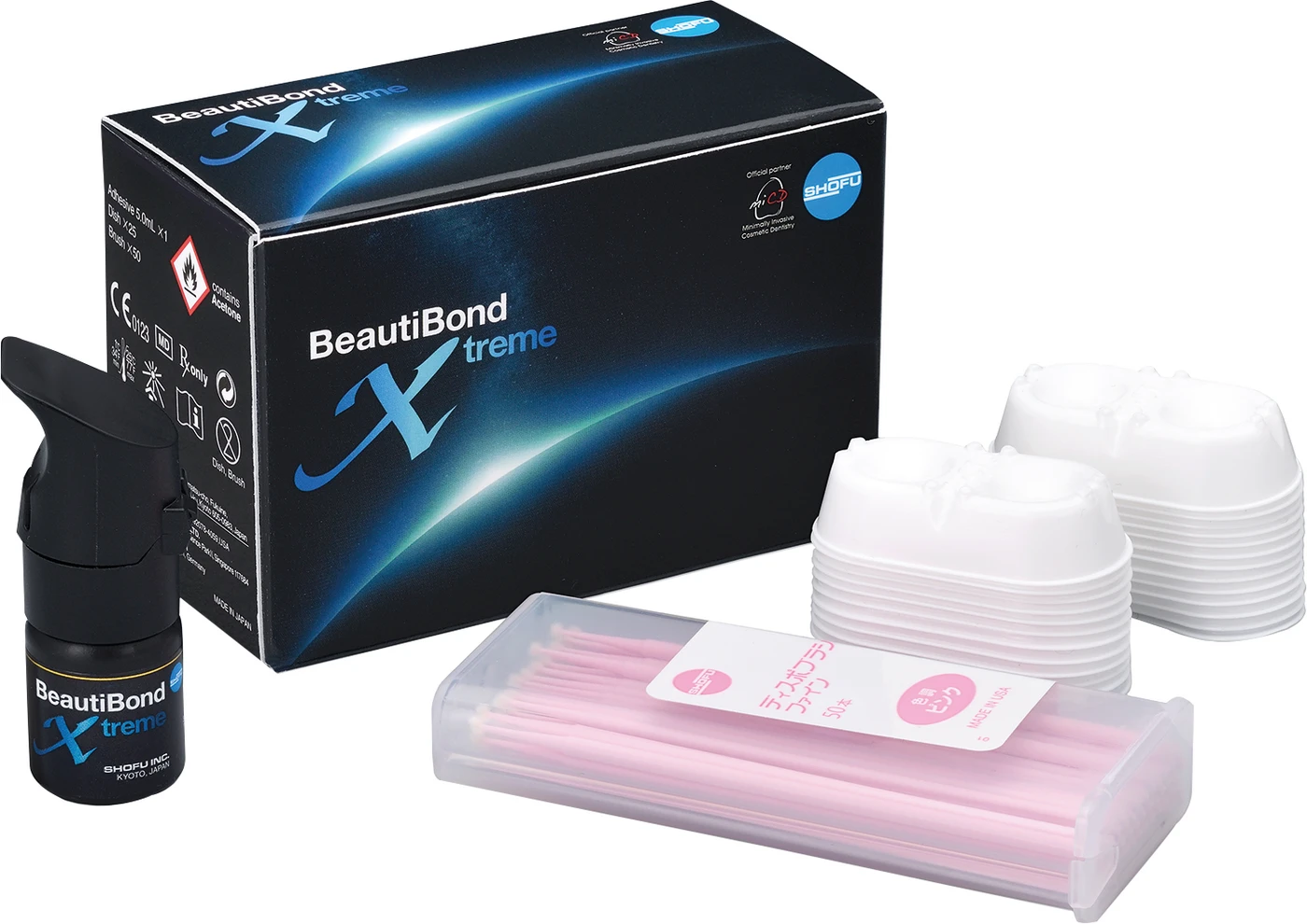 BeautiBond Xtreme Set 5 ml Adhäsiv, 50 Einwegpinsel fein, 25 Shofu V-Dish