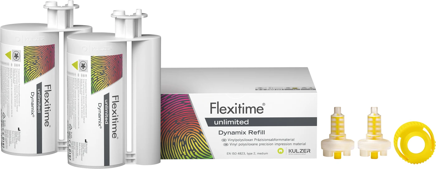 Flexitime® unlimited Refillpackung Dynamix 2 x 380 ml Kartusche, 2 Mixing Tips, 1 Fixationsring, 1 Gebrauchsinformation