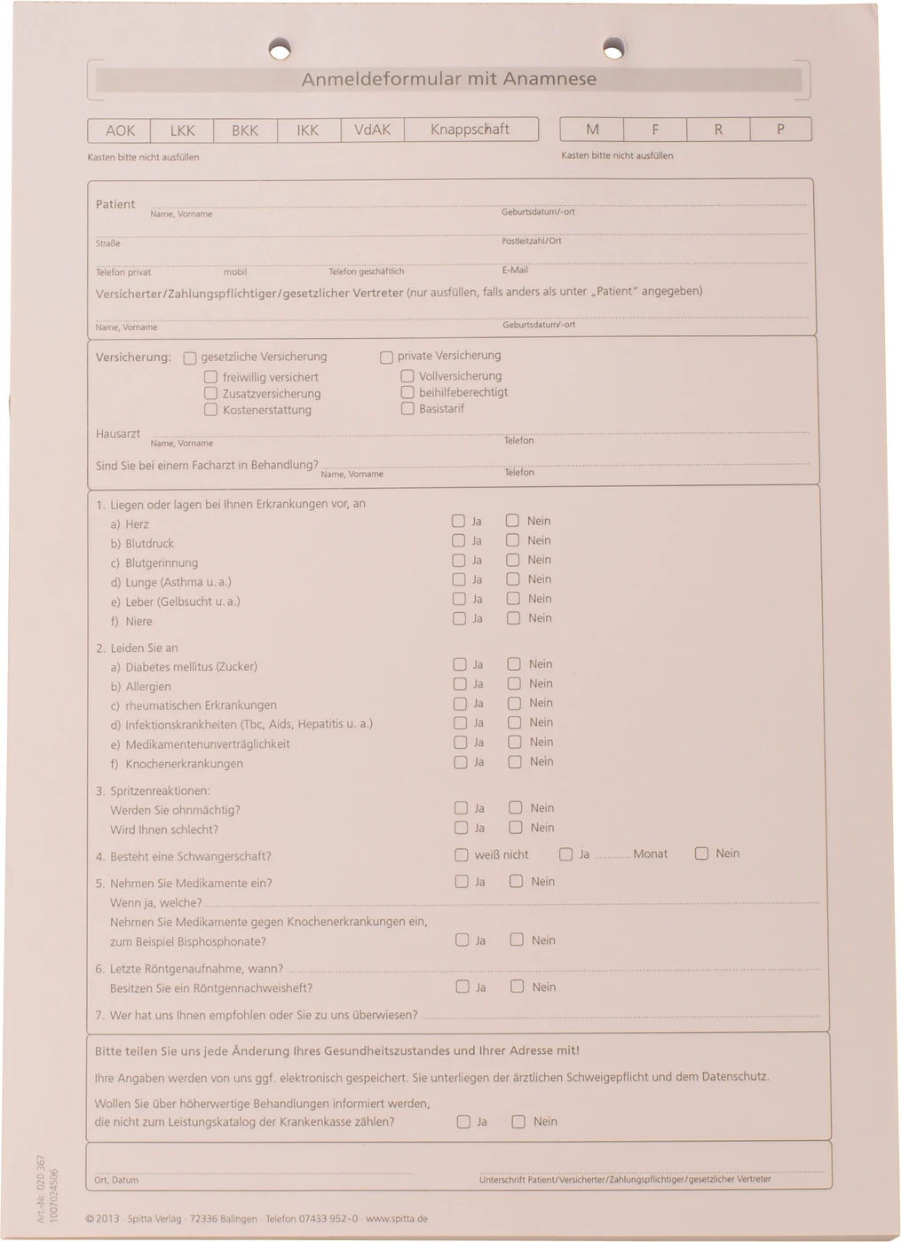 Anmeldeformulare Anamnese Stück 100 Blatt A4, zum Ankreuzen