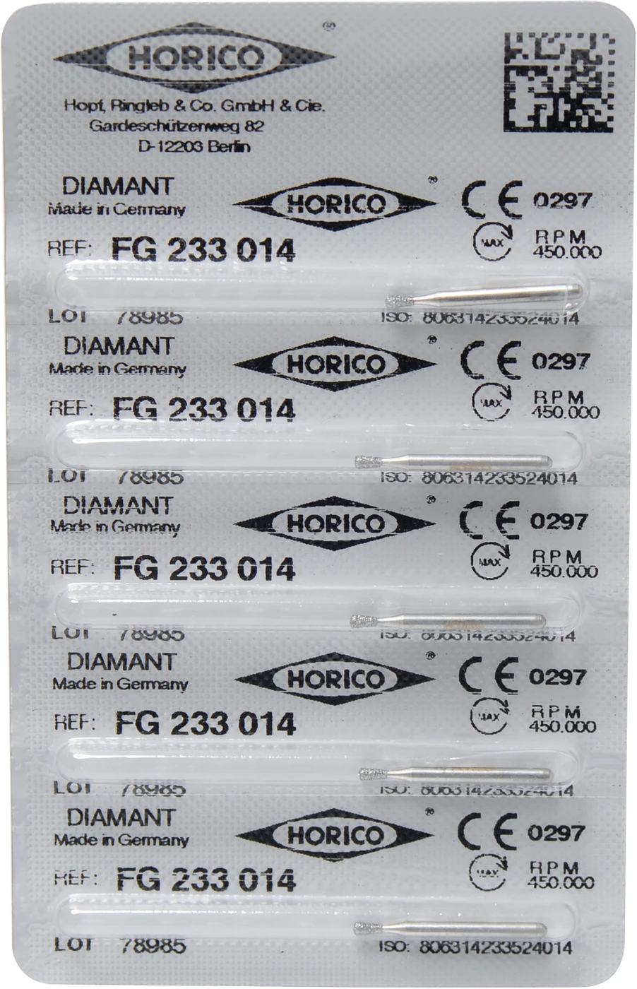 Diamantschleifer 233 Packung 5 Stück FG, Figur 233, 2,6 mm, ISO 014