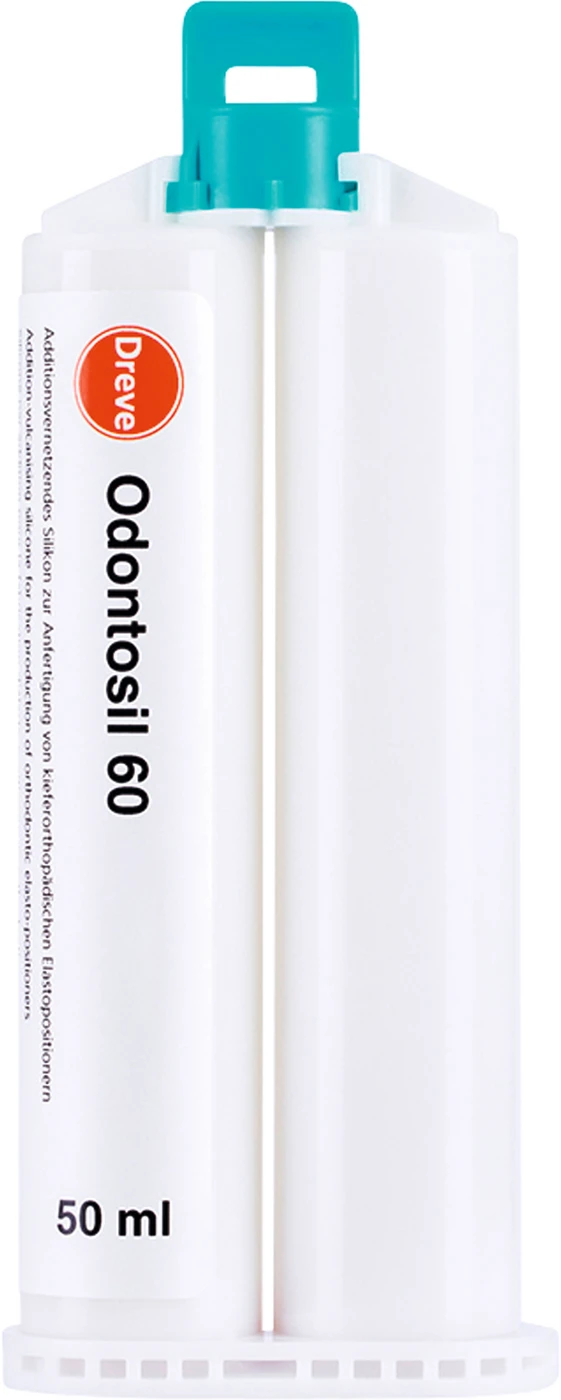 Odontosil Packung 2 x 50 ml Doppelkartusche Shore 60, 12 Mischkanülen grün