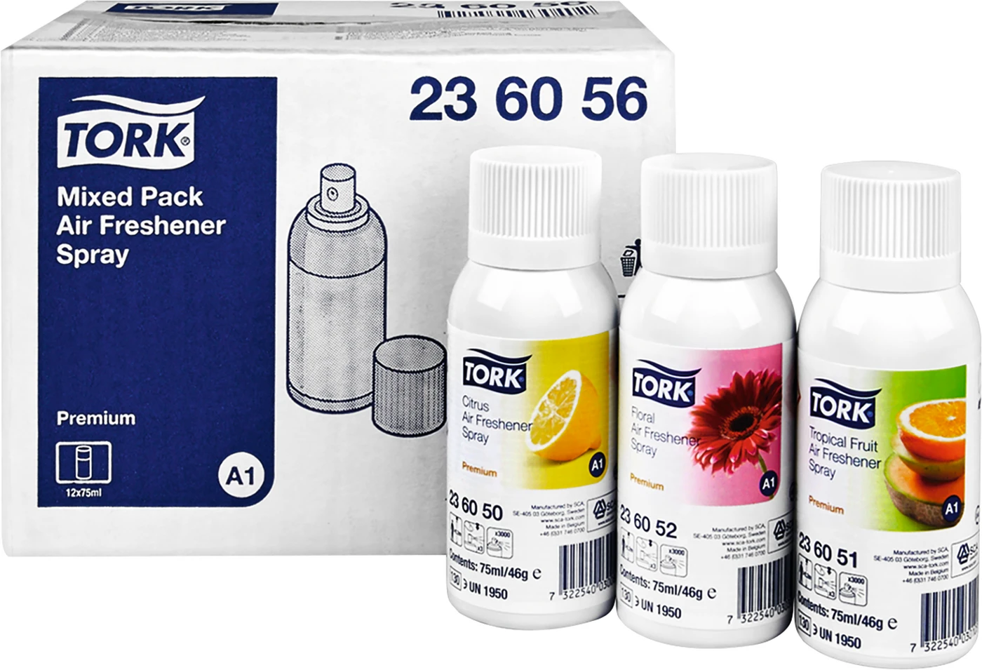 TORK® Lufterfrischer Spray Karton 12 x 75 ml Sprühdose (Citrus, Floral, Tropical Fruit) 