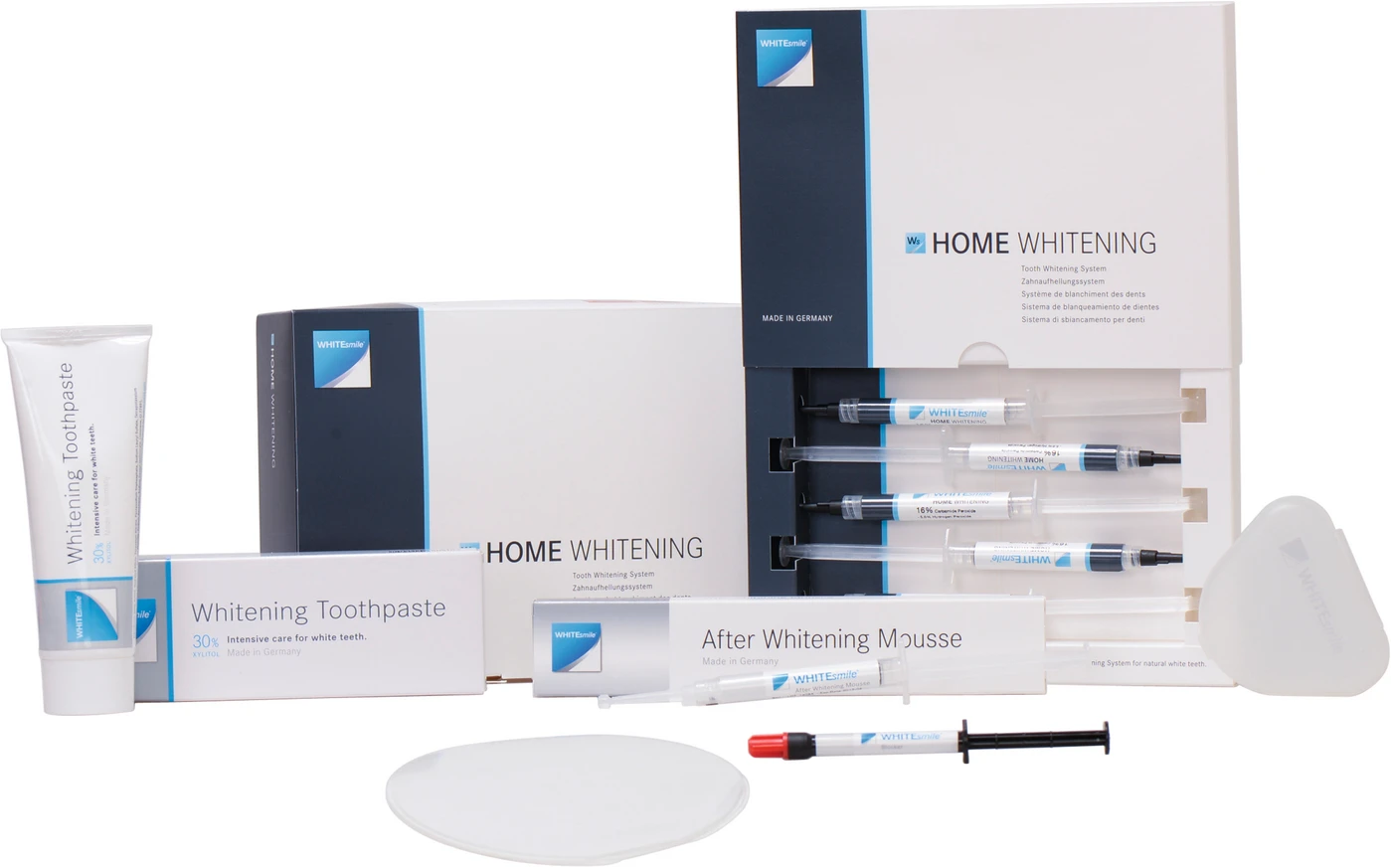 HOME WHITENING Patienten Kit 5 x 3 ml Zahnaufhellungsgel 16 % CP, 3 ml After Whitening Mousse, Zubehör