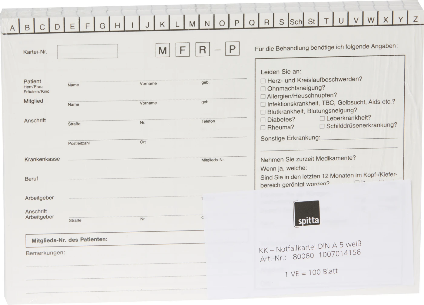 Notfallkarteien Packung 100 Stück 1-fach