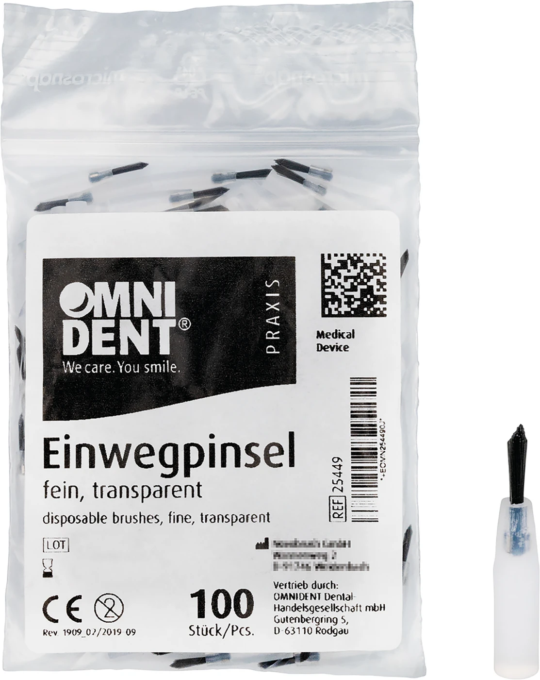 Einwegpinsel Packung 100 Stück transparent, Haar schwarz und kurz, fein