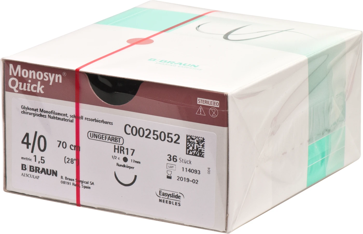 Monosyn® Quick Packung 36 Stück ungefärbt, 70 cm, HR17, 1/2 Kreis, Rundkörper, 17 mm, USP 4/0