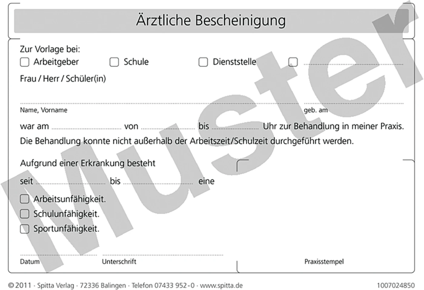 Ärztliche Bescheinigung Packung 100 Stück