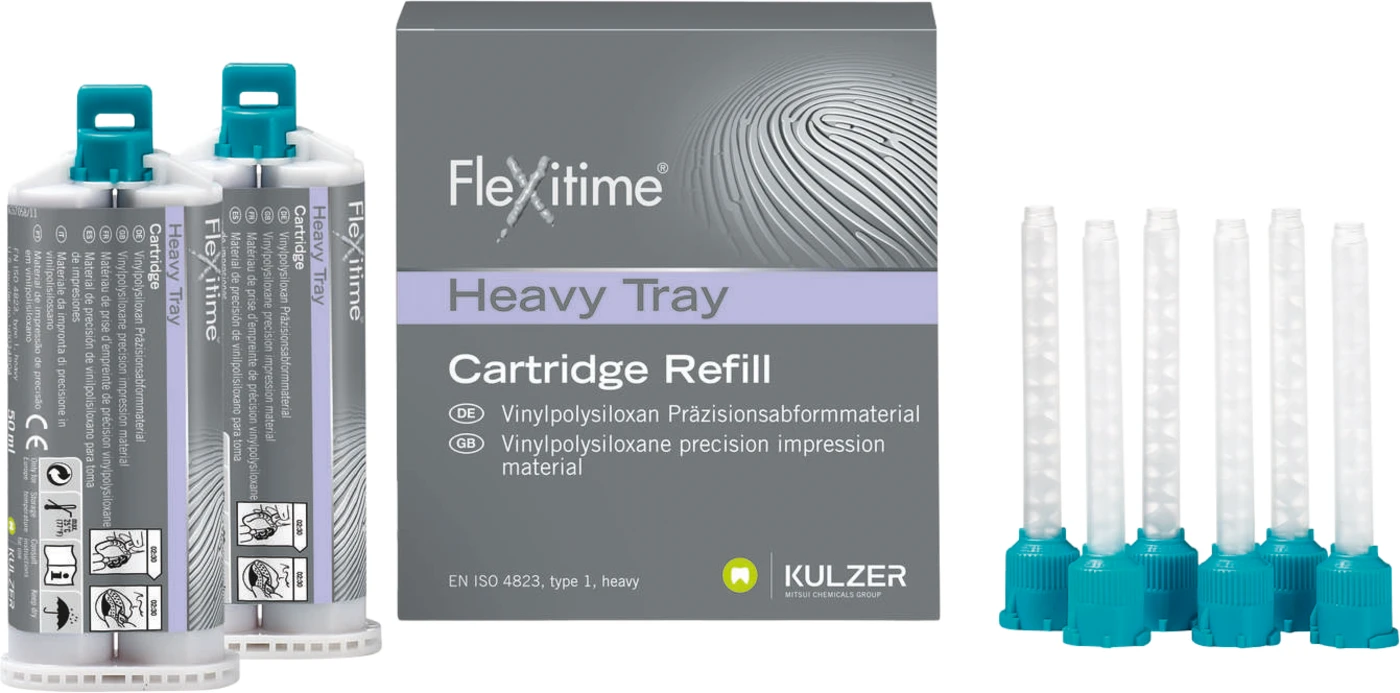 Flexitime® Packung 2 x 50 ml Doppelkartusche Heavy Tray, schwerfließend, 6 Mischkanülen grün 1:1