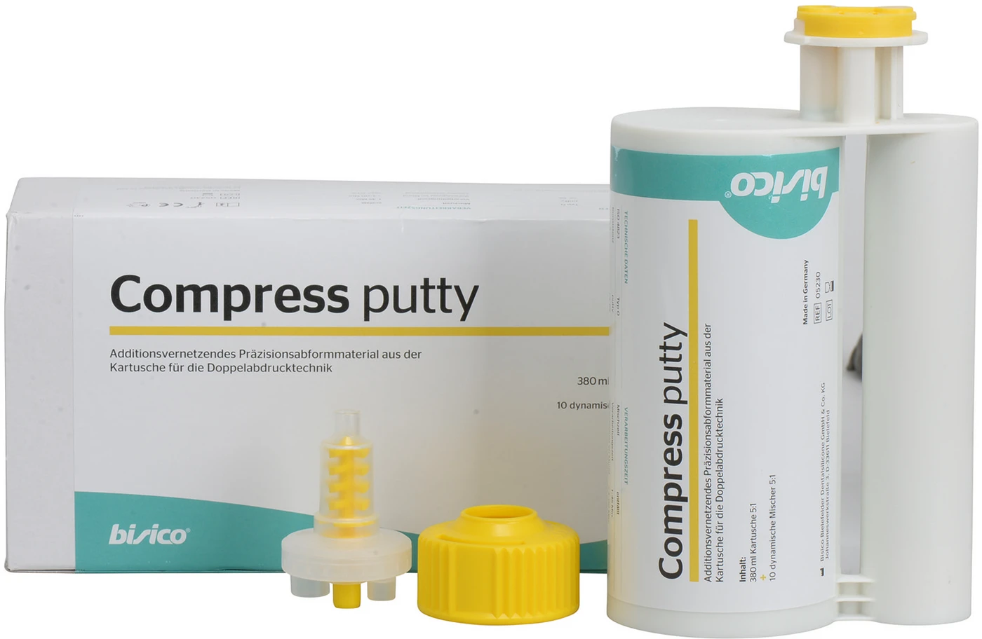 Compress putty Packung 380 ml Doppelkartusche 5:1, 10 dynamische Mischer, 1 Fixationsring