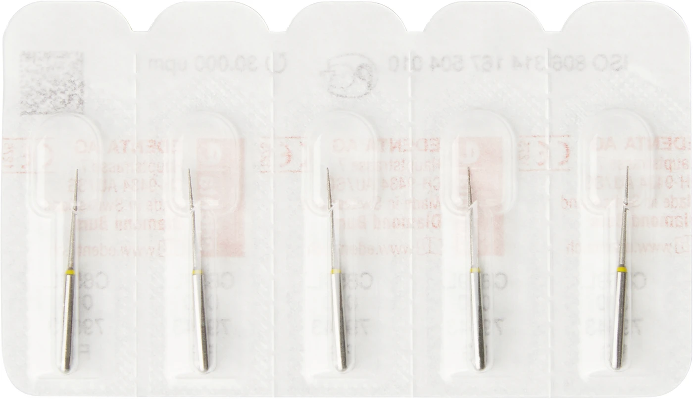 Diamanten 859L Packung 5 Stück gelb superfein, FG, Figur 167 Konus lange Spitze, 11,5 mm, ISO 010