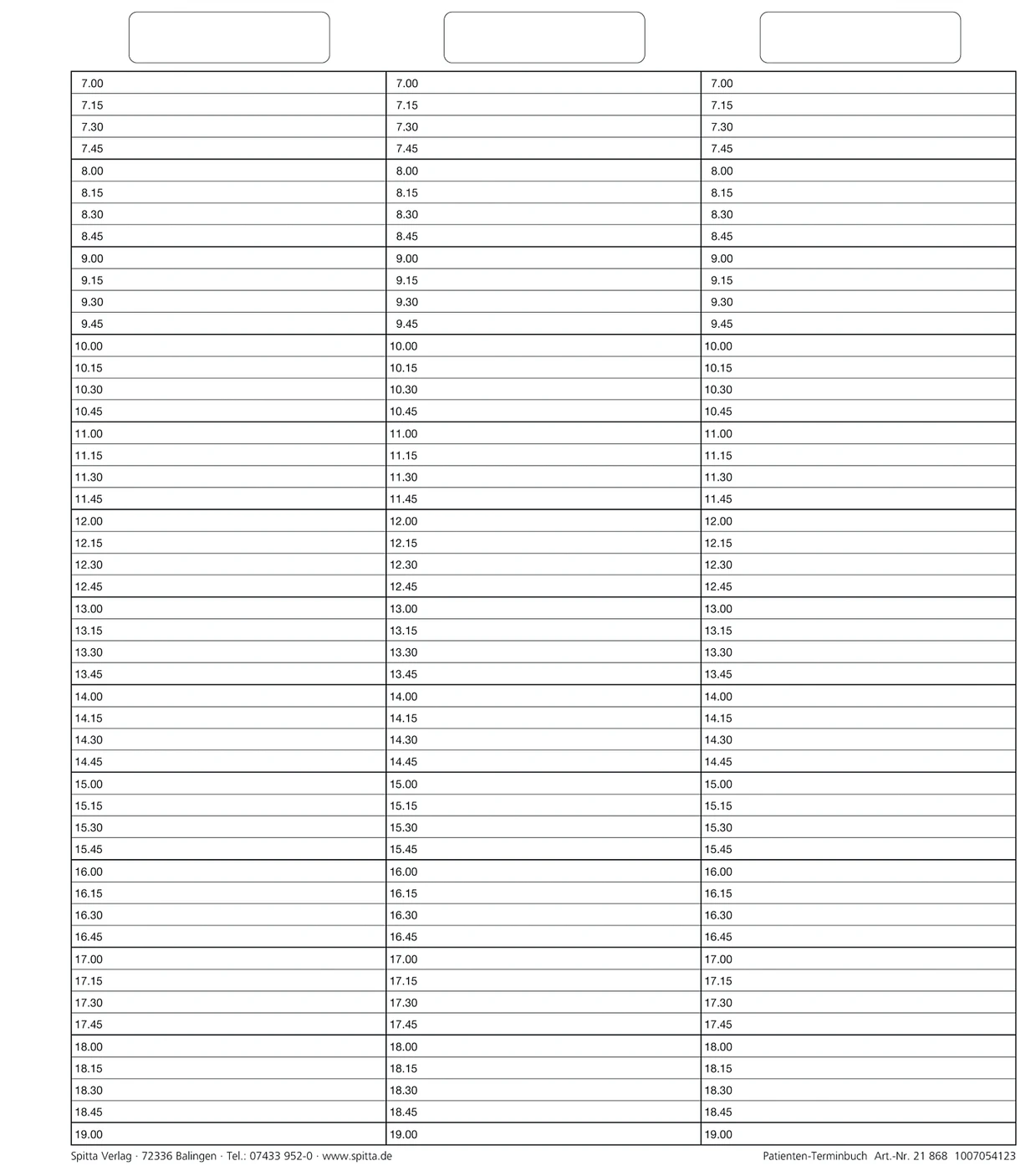 Einlageblatt Patienten-Terminbuch mit Uhrzeit Packung 50 Stück mit Uhrzeit, durchgehend