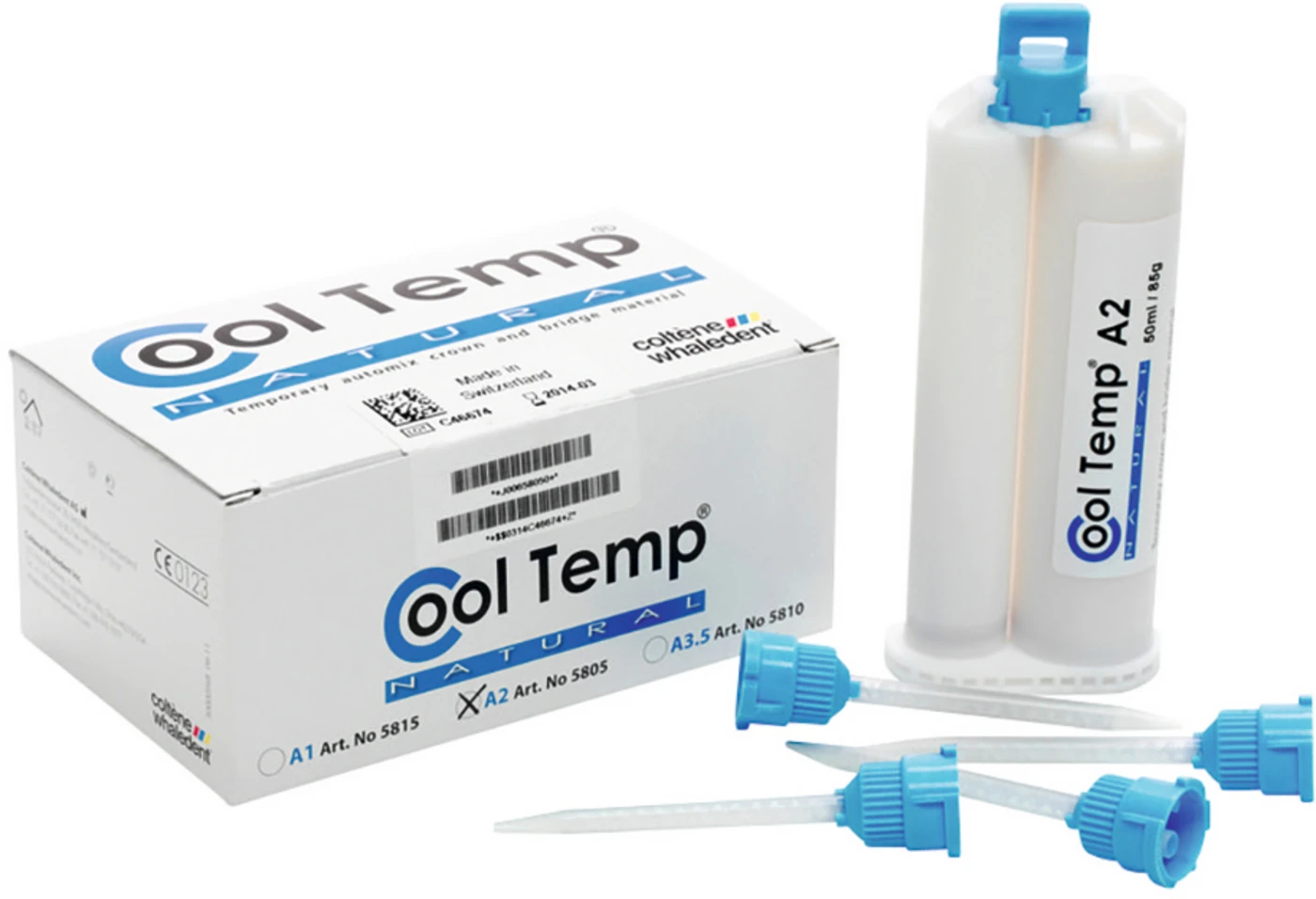 Cool Temp® NATURAL Packung 50 ml Doppelkartusche A2, 10 Mischkanülen blau