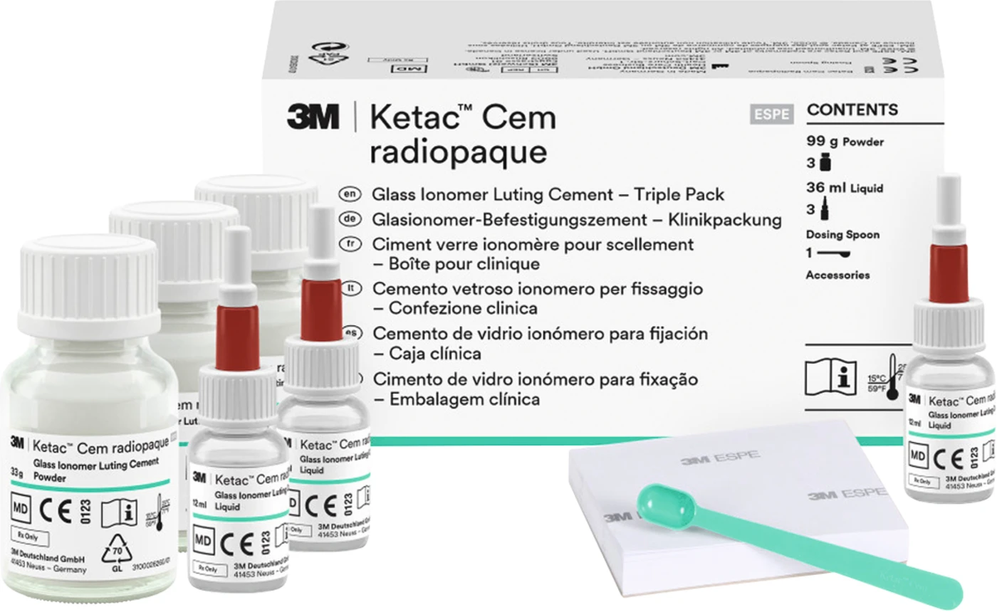 Ketac™ Cem radiopaque Großpackung 3 x 33 g Pulver, 3 x 12 ml Flüssigkeit, 1 Anmischblock