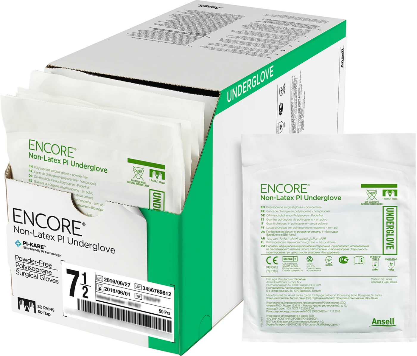 ENCORE® Non-Latex PI Underglove Packung 50 Paar Handschuhe grün, puderfrei, steril, Größe 5,5