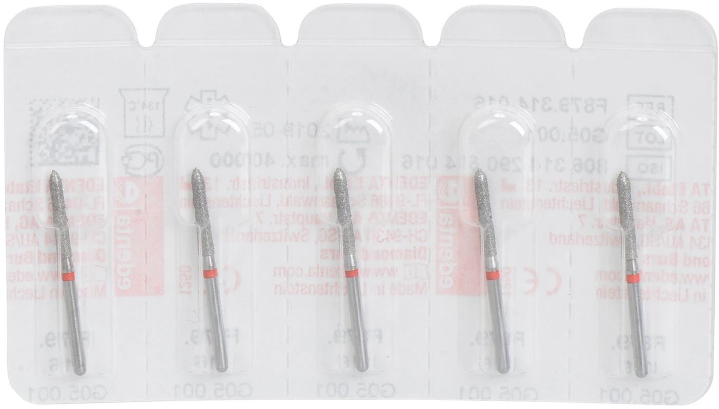 Diamanten 879 Packung 5 Stück rot fein, FG, Figur 290 Torpedo zylindrisch, 10 mm, ISO 016