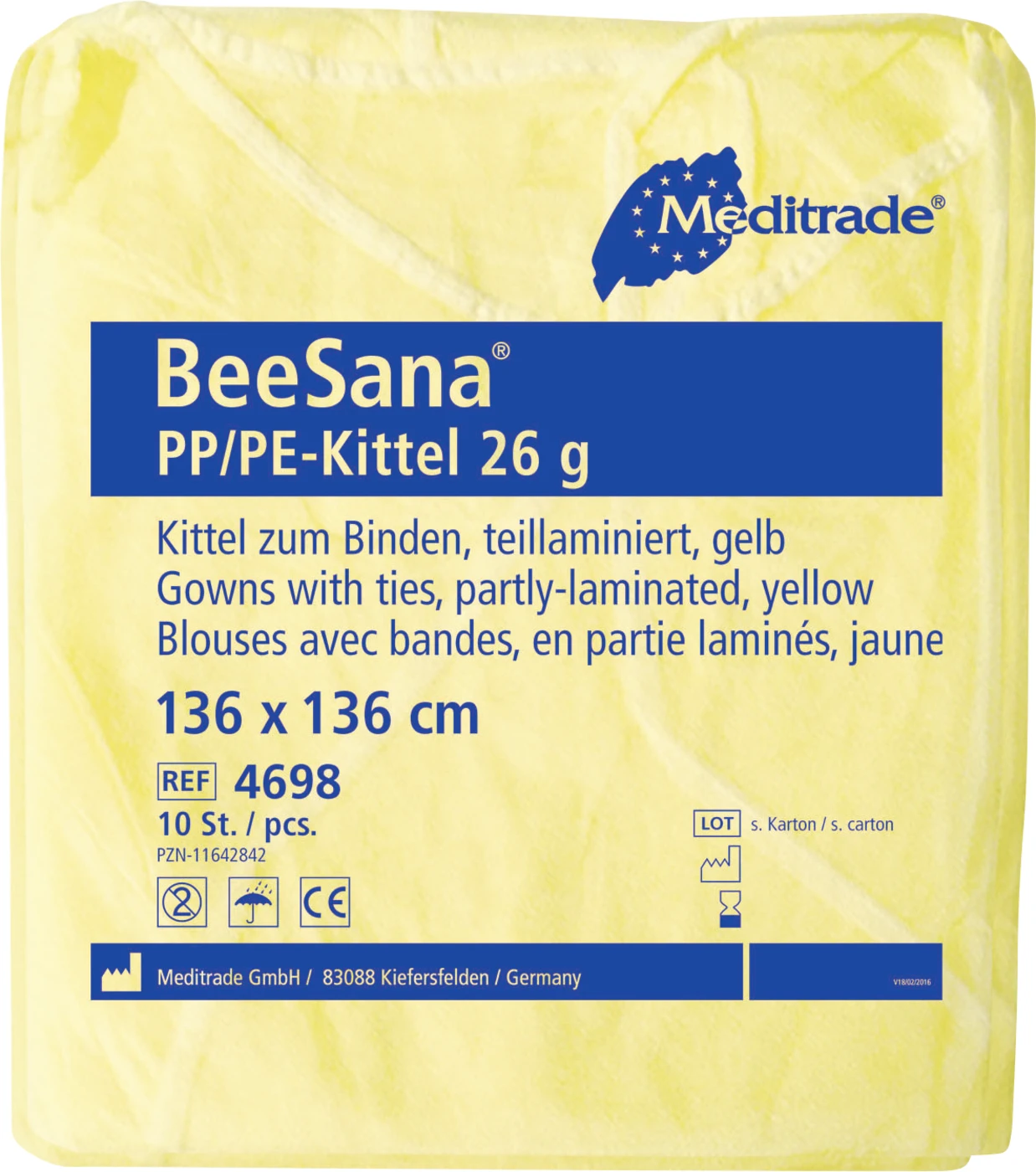 BeeSana® PP/PE-Kittel Karton 10 x 10 Stück gelb, 136 x 136 cm