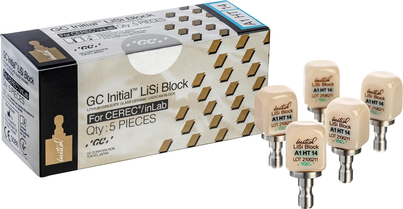 GC Initial™ LiSi Block für CEREC Packung 5 Stück Größe 14, A1 HT GC Initial™ LiSi Block für CEREC Packung 5 Stück Größe 14, A1 HT