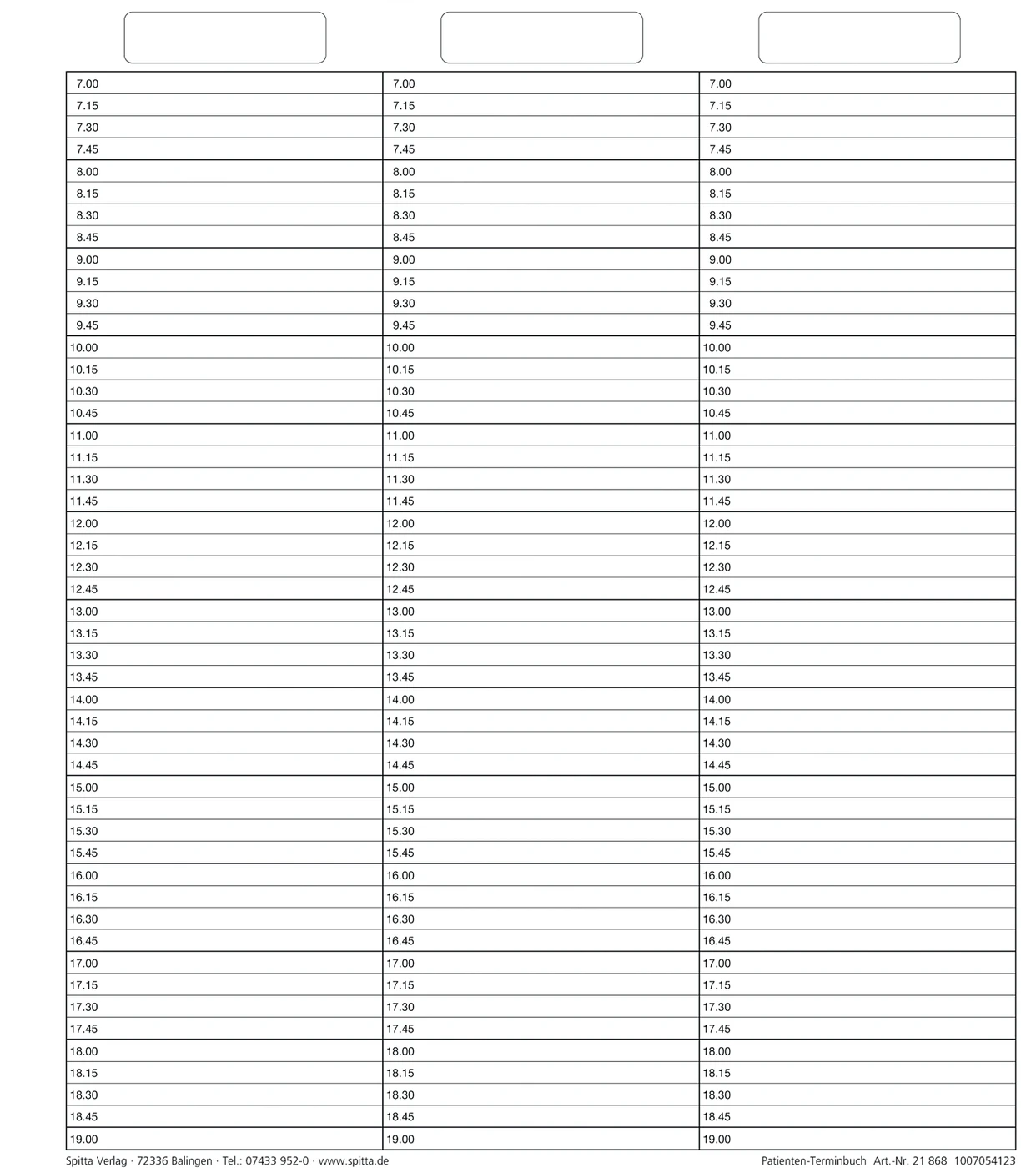 Einlageblatt Patienten-Terminbuch mit Uhrzeit Packung 50 Stück mit Uhrzeit, durchgehend, verstärkt