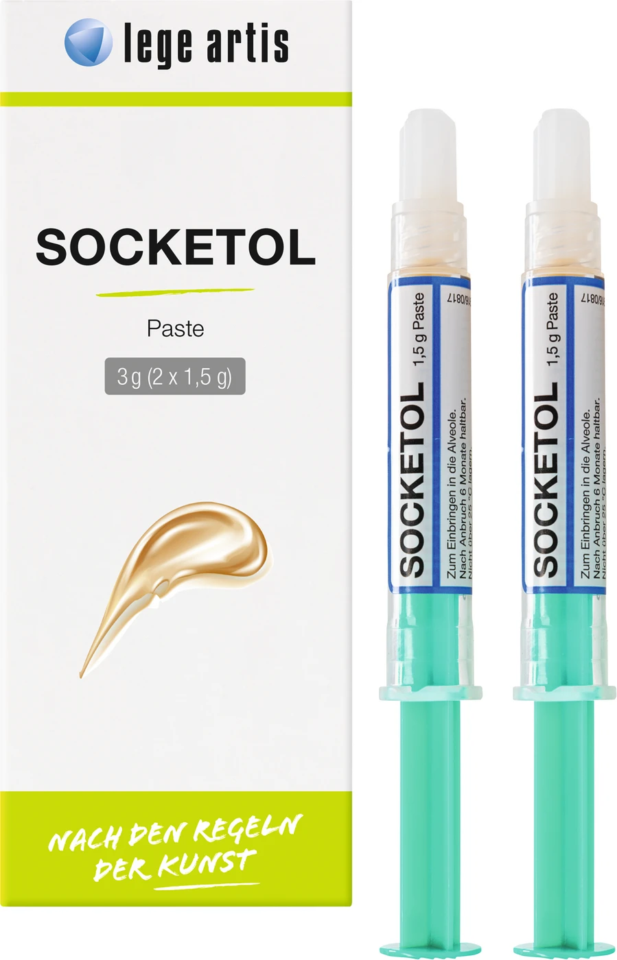 SOCKETOL Paste Packung 2 x 1,5 g Paste, 6 Luer Lock Kanülen