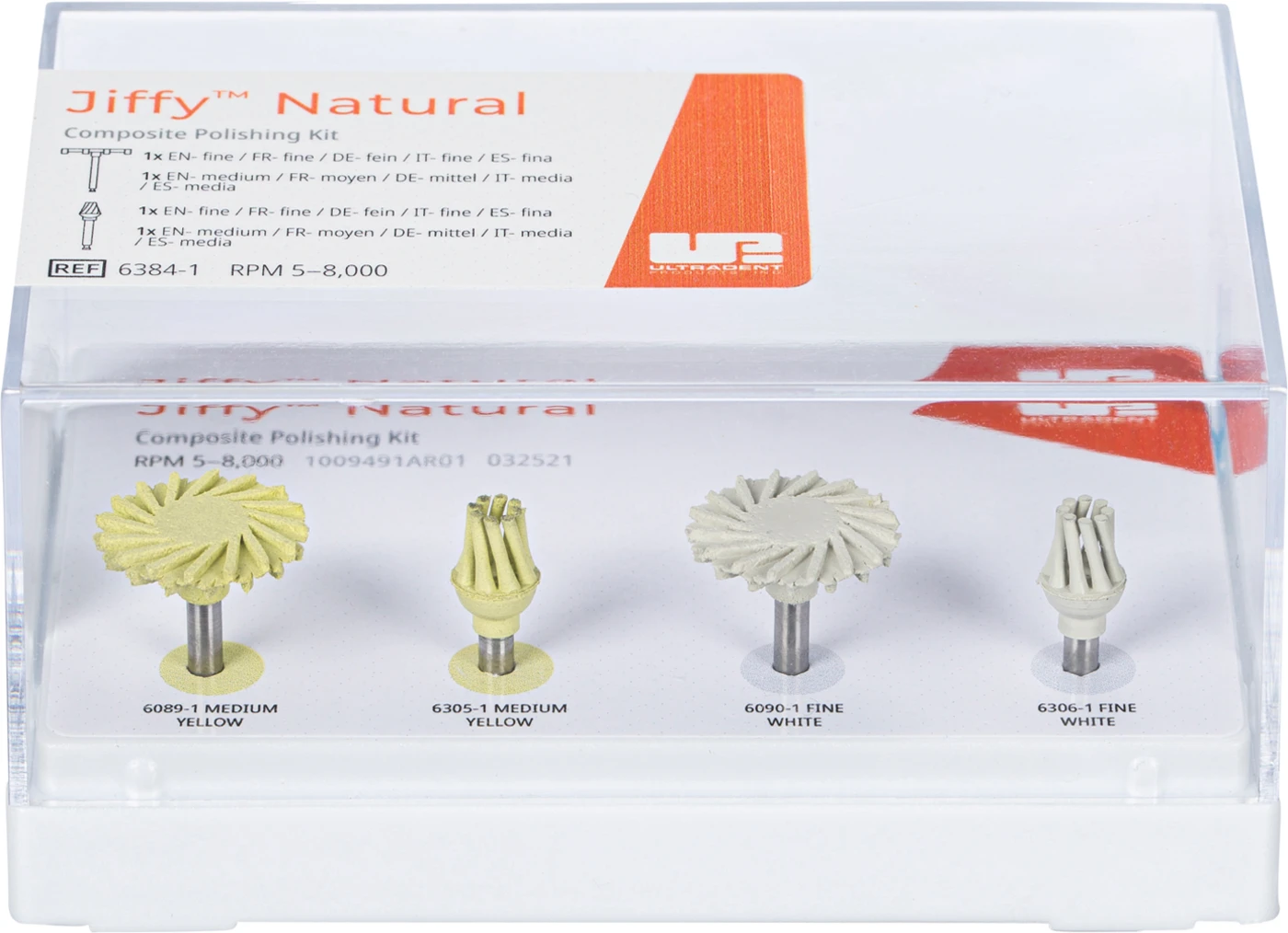 Jiffy™ Natural Composite Polishing Kit 4 Stück (2 x mittel, 2 x fein), RA, 1 Plastik Block