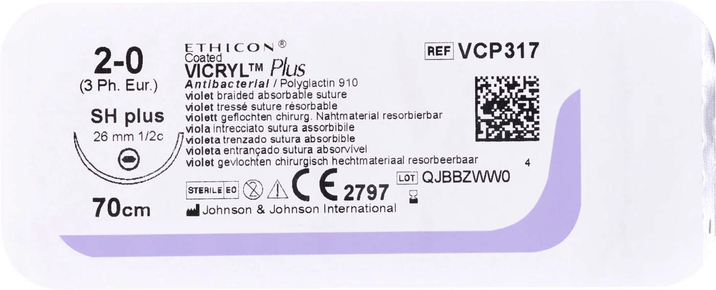 VICRYL™ Plus Packung 36 Stück violett, 70 cm, V5, 1/2 Kreis, Rundkörper, schneidend, 17 mm, USP 3/0