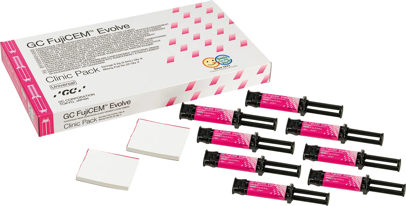 GC FujiCEM™ Evolve Packung Clinic 8 x 9,2 g/ 5 ml Spritze, 2 Anmischblöcke