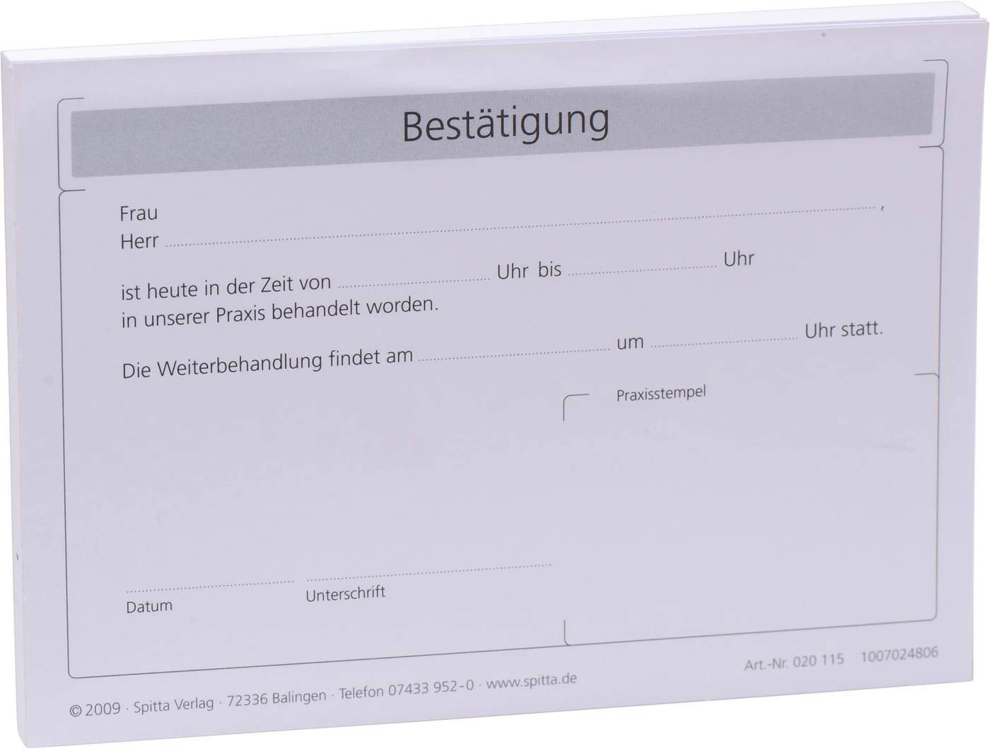 Bestätigung einer Behandlung Stück 100 Blatt