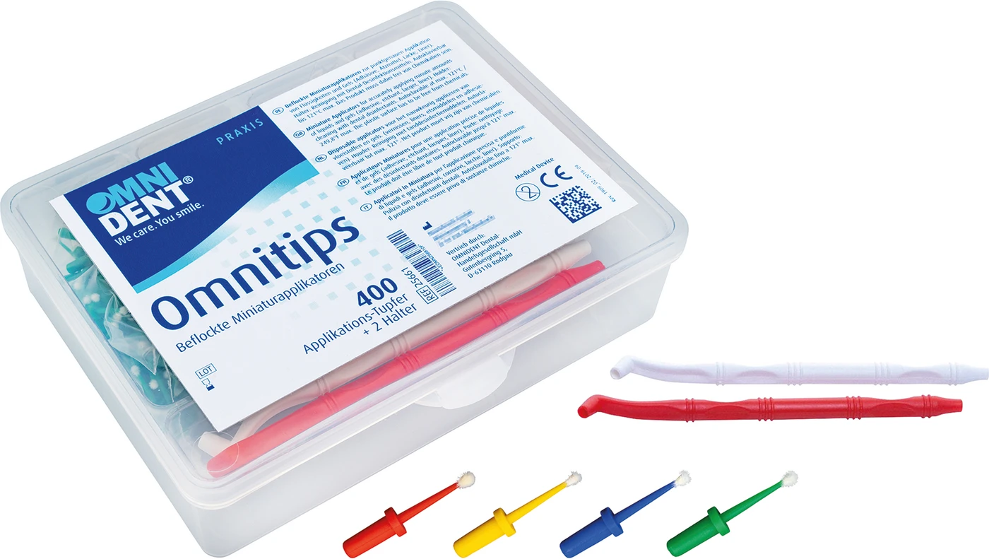 Omnitips Box 2 Applikationshalter (nicht sterilisierbar), 4 x 100 Einmal-Applikatoren (rot, blau, gelb, grün)