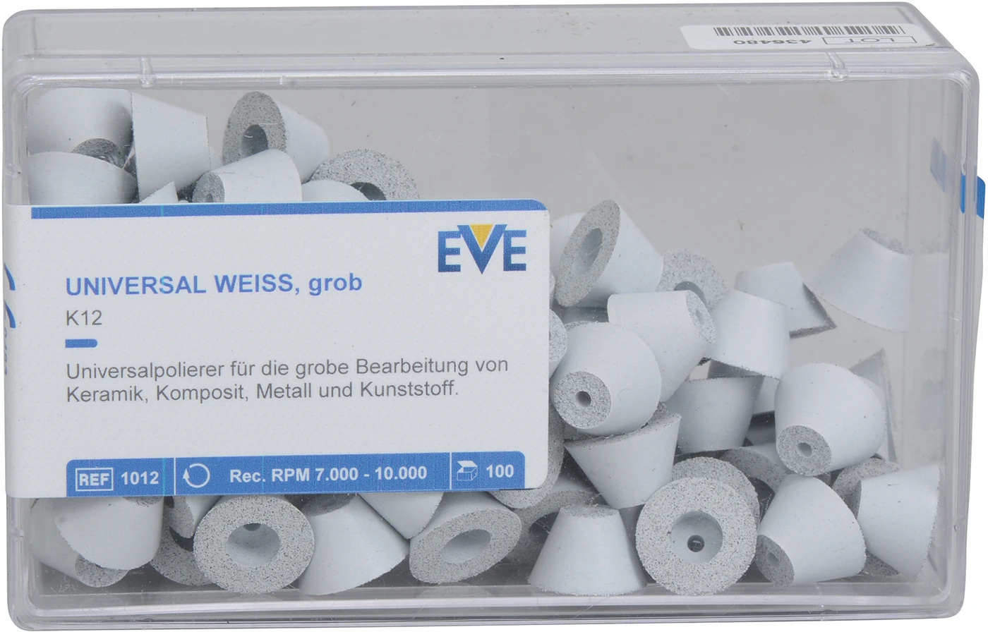 EVE UNIVERSAL Packung 100 Stück unmontiert, weiß grob, Figur umgekehrter Kegel, 12 x 7 mm EVE UNIVERSAL Packung 100 Stück unmontiert, weiß grob, Figur umgekehrter Kegel, 12 x 7 mm