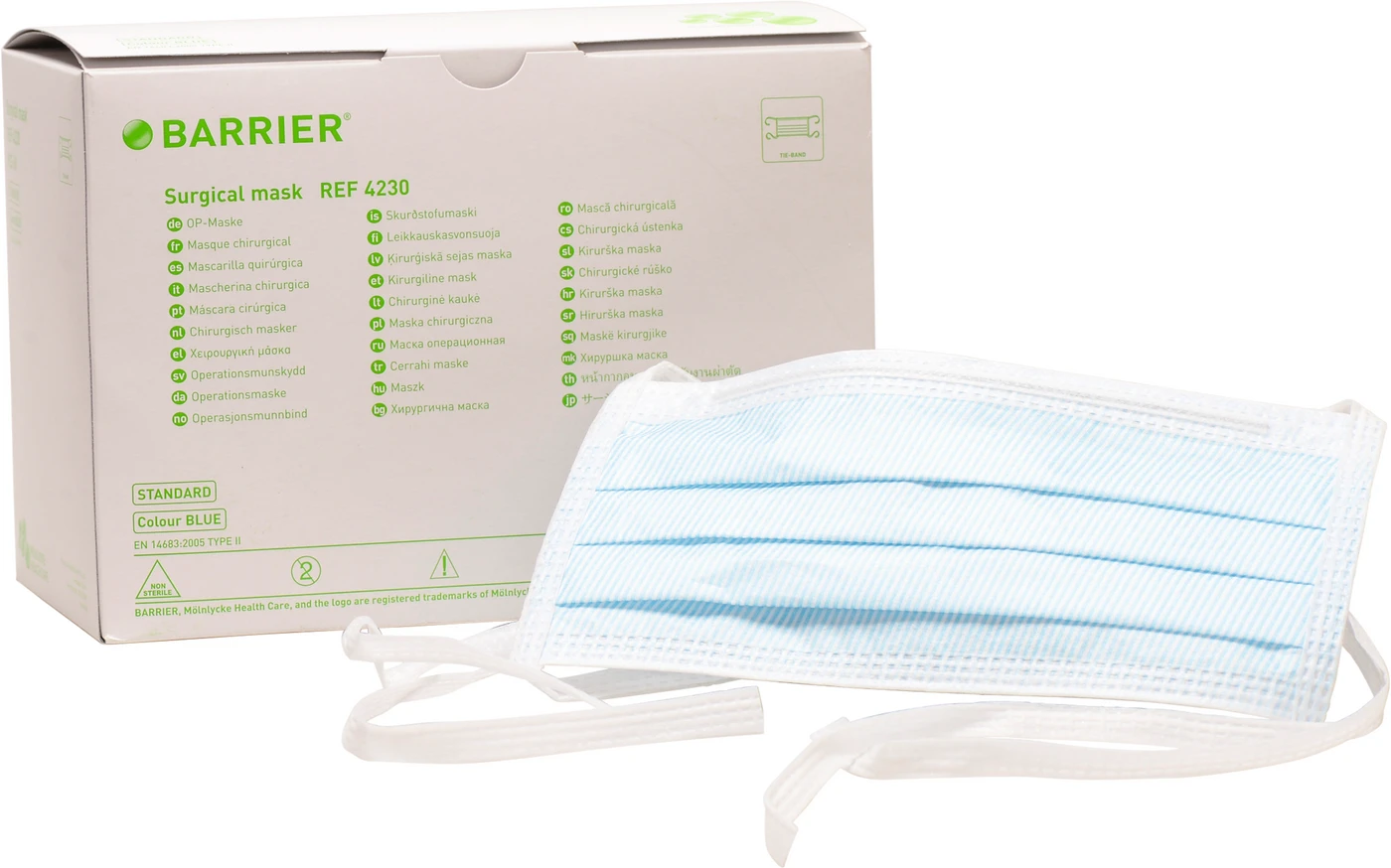 BARRIER® OP-Maske Standard Packung 60 Stück blau, Bindebänder, aus Zellulose, hypoallergen, geringer Atemwiderstand BARRIER® OP-Maske Standard Packung 60 Stück blau, Bindebänder, aus Zellulose, hypoallergen, geringer Atemwiderstand
