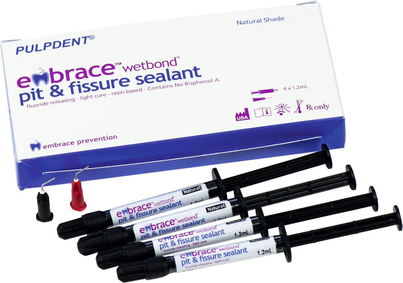 Embrace™ WetBond™ Pit & Fissure Sealant Packung 4 x 1,2 ml Spritze Sealant Natural Shade, 20 Applicator-Tips