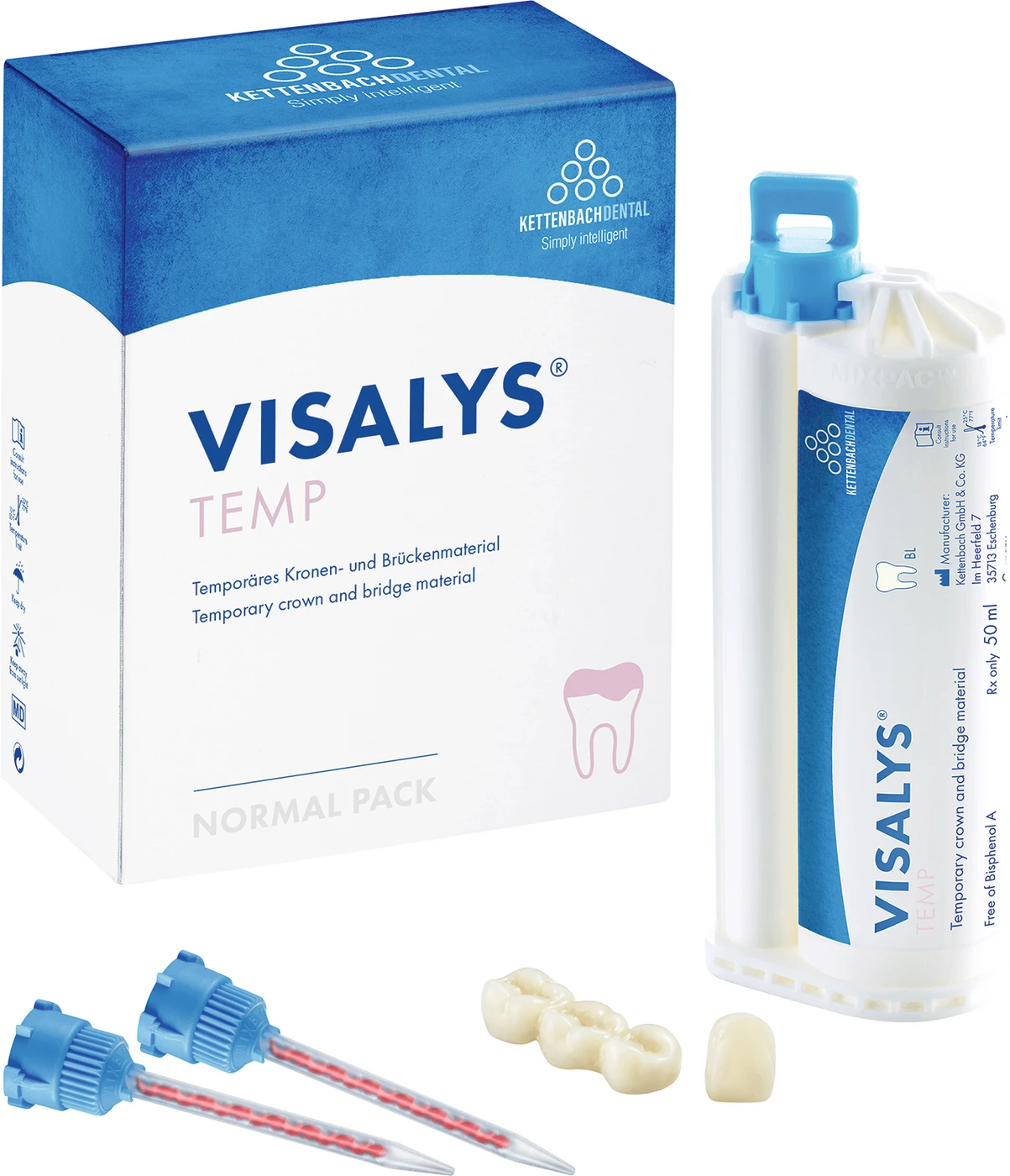 Visalys® Temp Normal pack 50 ml Doppelkartusche BL, 15 Mischkanülen blau-orange