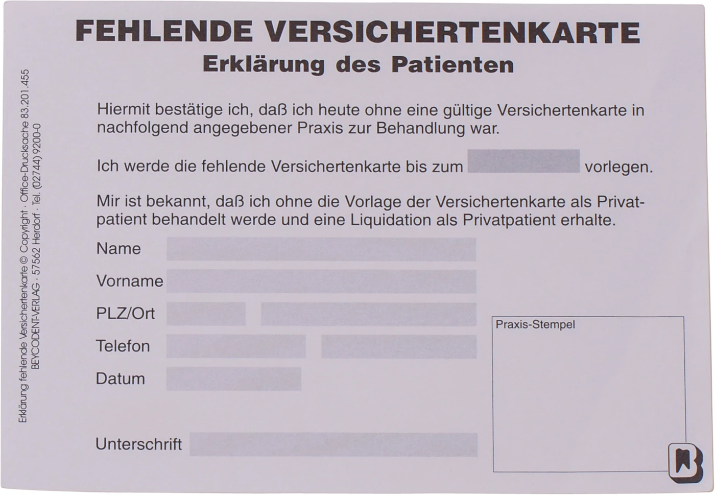 Erklärung fehlende Versichertenkarte Stück 100 Blatt