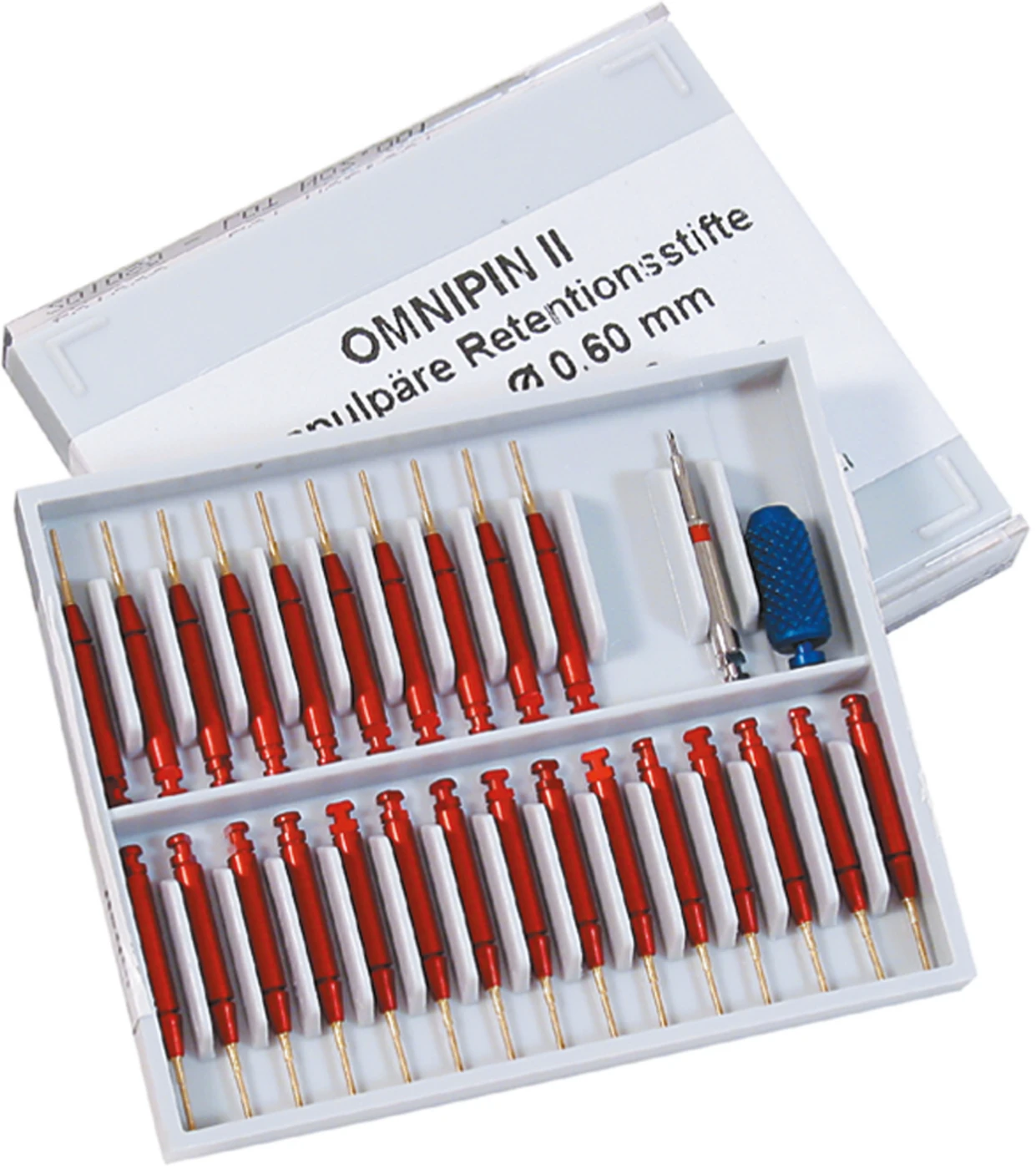 OMNIPIN II Starter Kit 25 montierte Stifte klein, rot/gold, .021"/0,6 mm, 1 Bohrer, 1 Handgriff