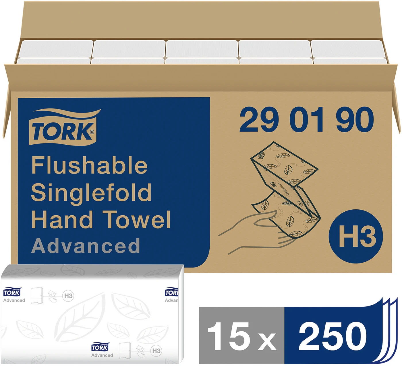 TORK® schnellauflösendes Zickzack Handtuch (V-Falz) Packung 15 x 250 Stück, 2-lagig, hochweiß, schnellauflösend