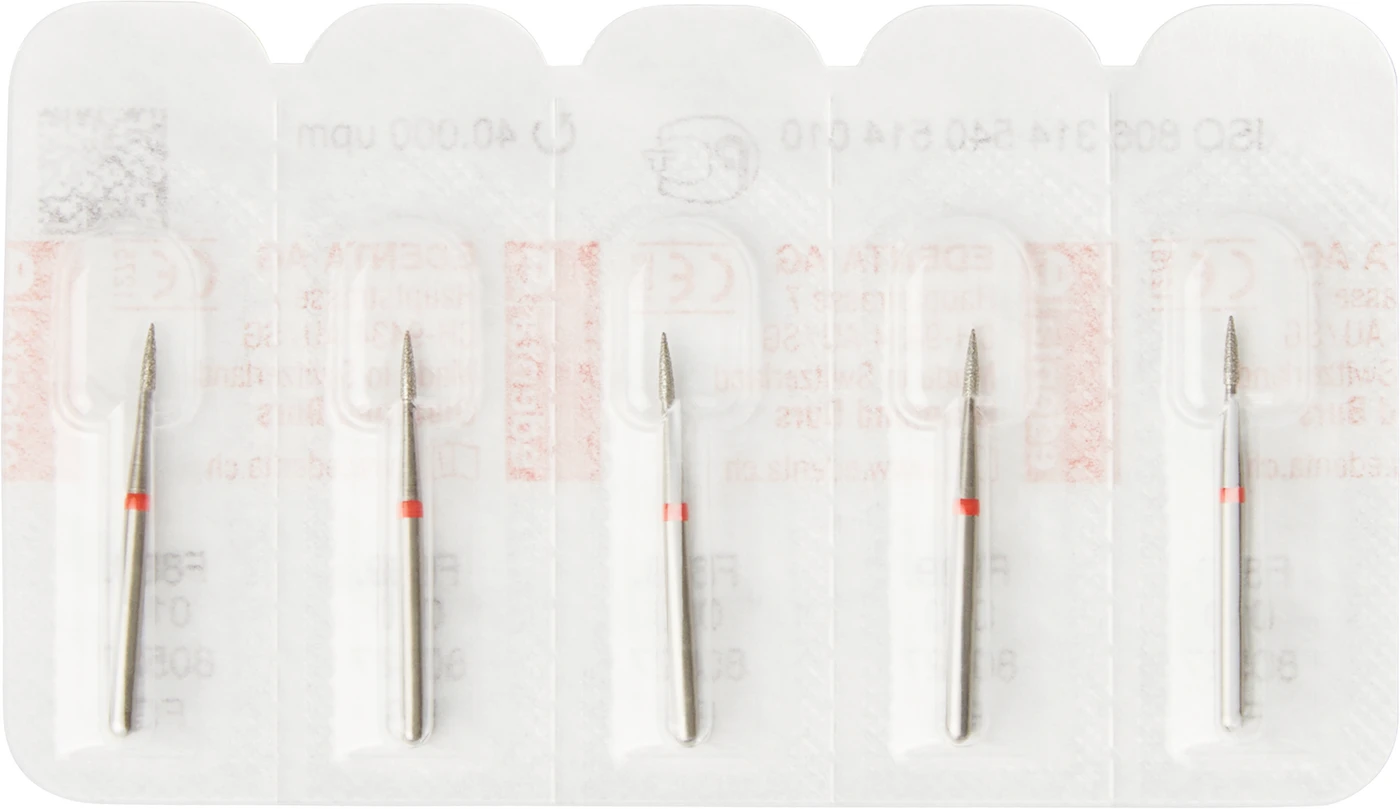 Diamanten 889 Packung 5 Stück rot fein, FG, Figur 540 Flamme, 4 mm, ISO 010