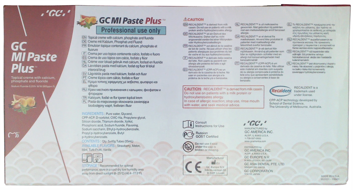 GC MI Paste Plus® Aktionspaket 5 x 40 g (Erdbeere, Melone, Minze, Vanille, Tutti-Frutti)